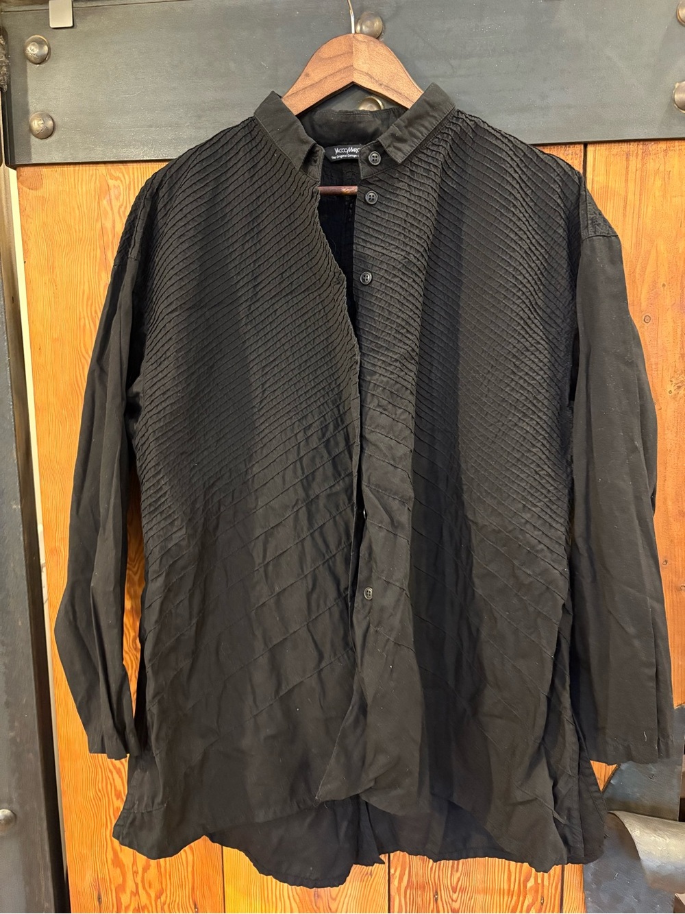 Women's Black Pleated Button-Down Shirt